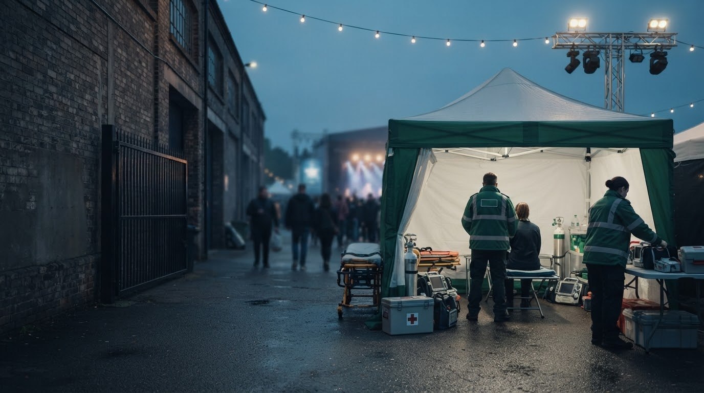 Medical tent and first aid equipment at an outdoor event