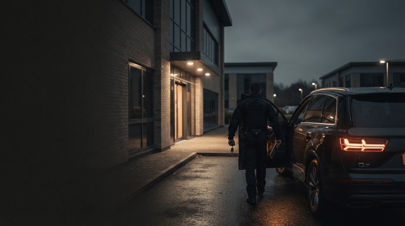 Echelon response vehicle and officer attending a commercial site at night